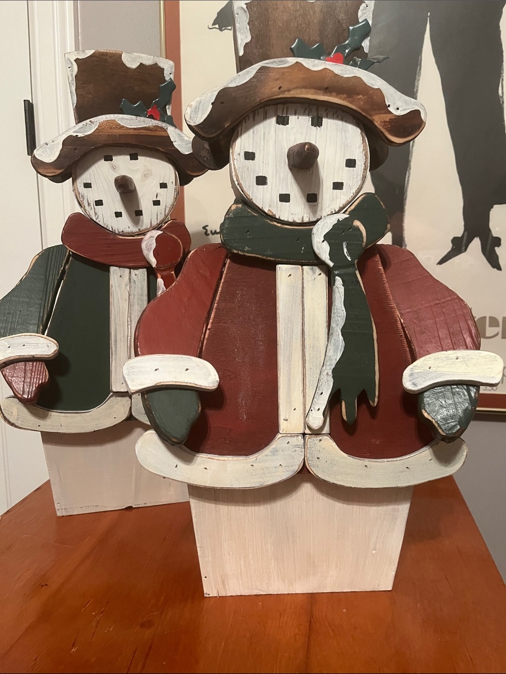 Rustic Wooden Snowman Holiday Figurine - Red & Green